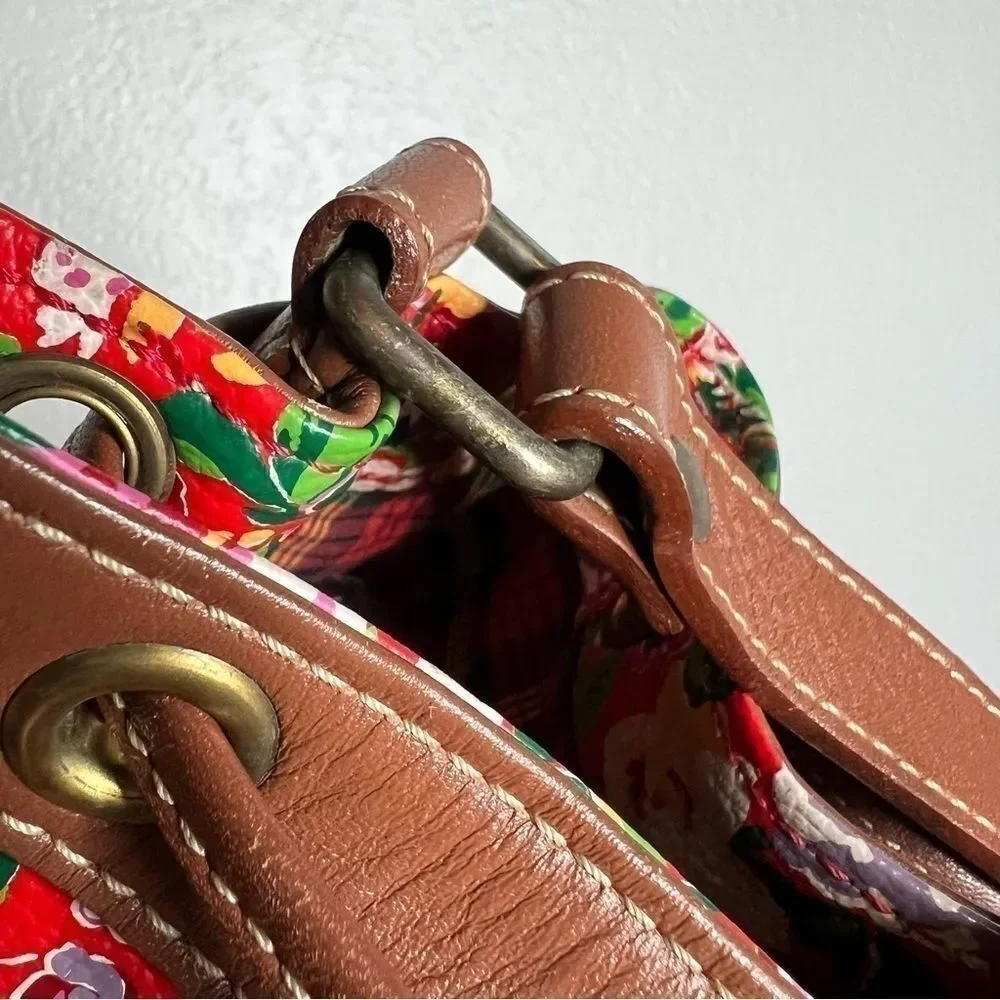 Vintage Kenzo Red Leather Floral Drawstring Bucket Bag Crossbody Chic Girly
